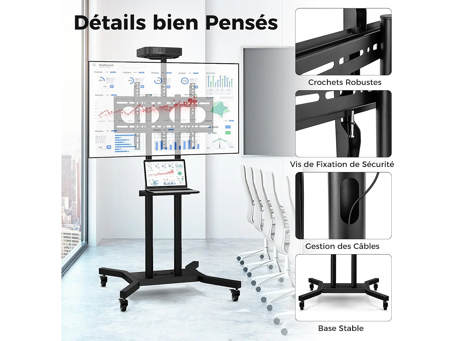 Support TV sur Pied Mobile pour 32 - 70 Pouces, Chariot TV à roulettes Réglable 2 Étagères pour Caméra et AV Passe-câbles VESA Max. 600 x 400 mm
