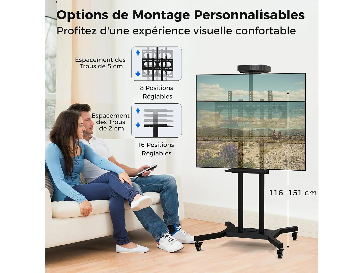 Support TV sur Pied Mobile pour 32 - 70 Pouces, Chariot TV à roulettes Réglable 2 Étagères pour Caméra et AV Passe-câbles VESA Max. 600 x 400 mm