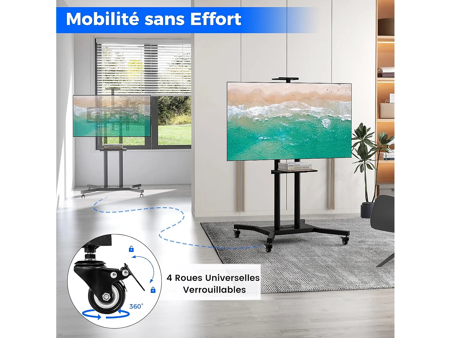 Support TV sur Pied Mobile pour 32 - 70 Pouces, Chariot TV à roulettes Réglable 2 Étagères pour Caméra et AV Passe-câbles VESA Max. 600 x 400 mm