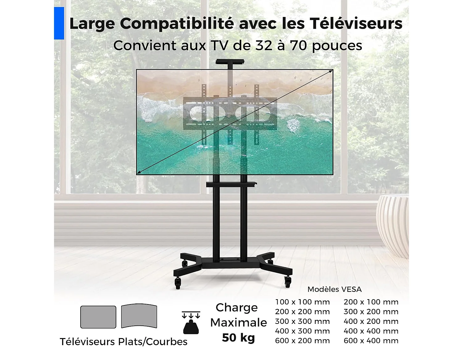 Support TV sur Pied Mobile pour 32 - 70 Pouces, Chariot TV à roulettes Réglable 2 Étagères pour Caméra et AV Passe-câbles VESA Max. 600 x 400 mm