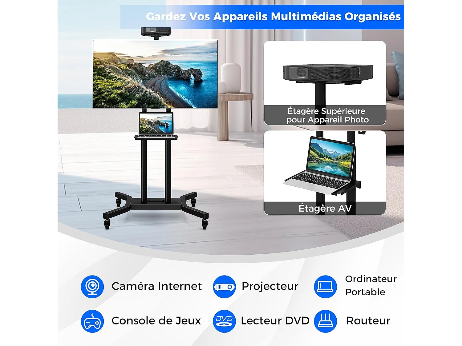 Support TV sur Pied Mobile pour 32 - 70 Pouces, Chariot TV à roulettes Réglable 2 Étagères pour Caméra et AV Passe-câbles VESA Max. 600 x 400 mm