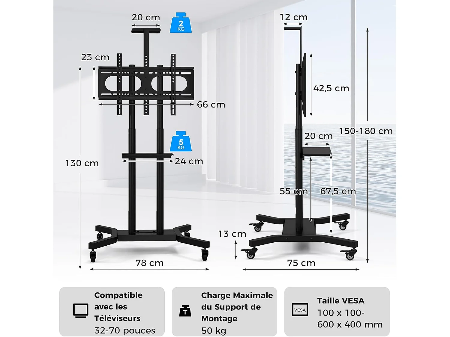 Support TV sur Pied Mobile pour 32 - 70 Pouces, Chariot TV à roulettes Réglable 2 Étagères pour Caméra et AV Passe-câbles VESA Max. 600 x 400 mm