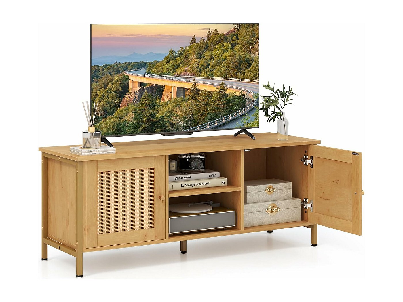 Meuble TV 140cm Marron Rustique Avec 2 Armoires Et Étagères Réglables - Hzuaneri Pour TV 60 Pouces