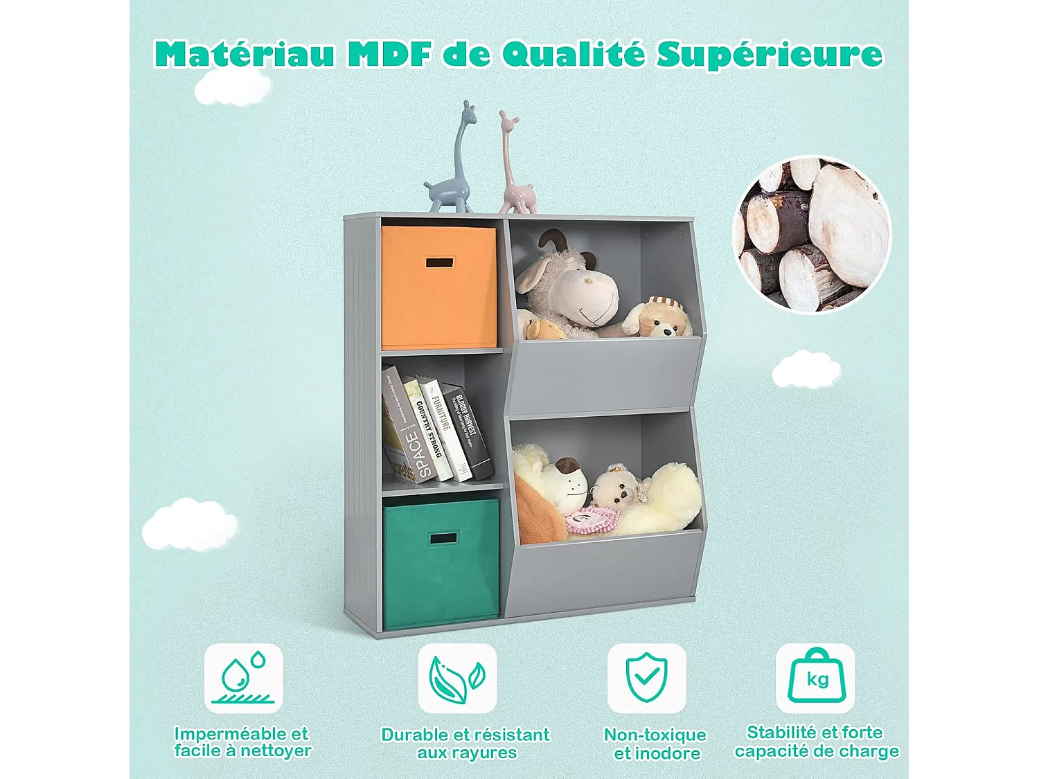 Placard de rangement pour jouets avec 2 paniers, 3 cubes, 77 x 35 x 93 cm gris