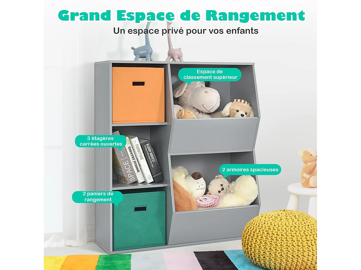 Placard de rangement pour jouets avec 2 paniers, 3 cubes, 77 x 35 x 93 cm gris