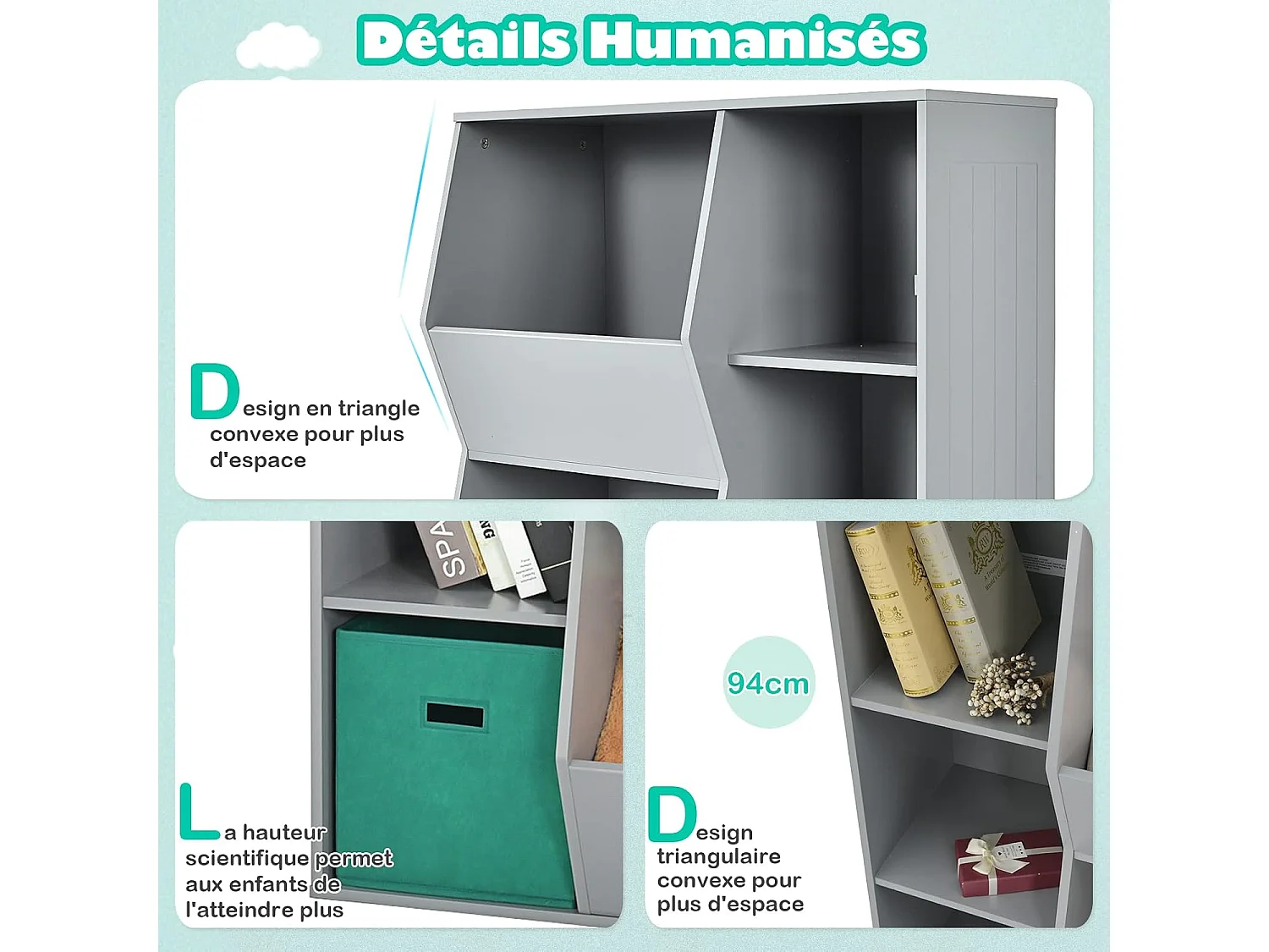 Placard de rangement pour jouets avec 2 paniers, 3 cubes, 77 x 35 x 93 cm gris