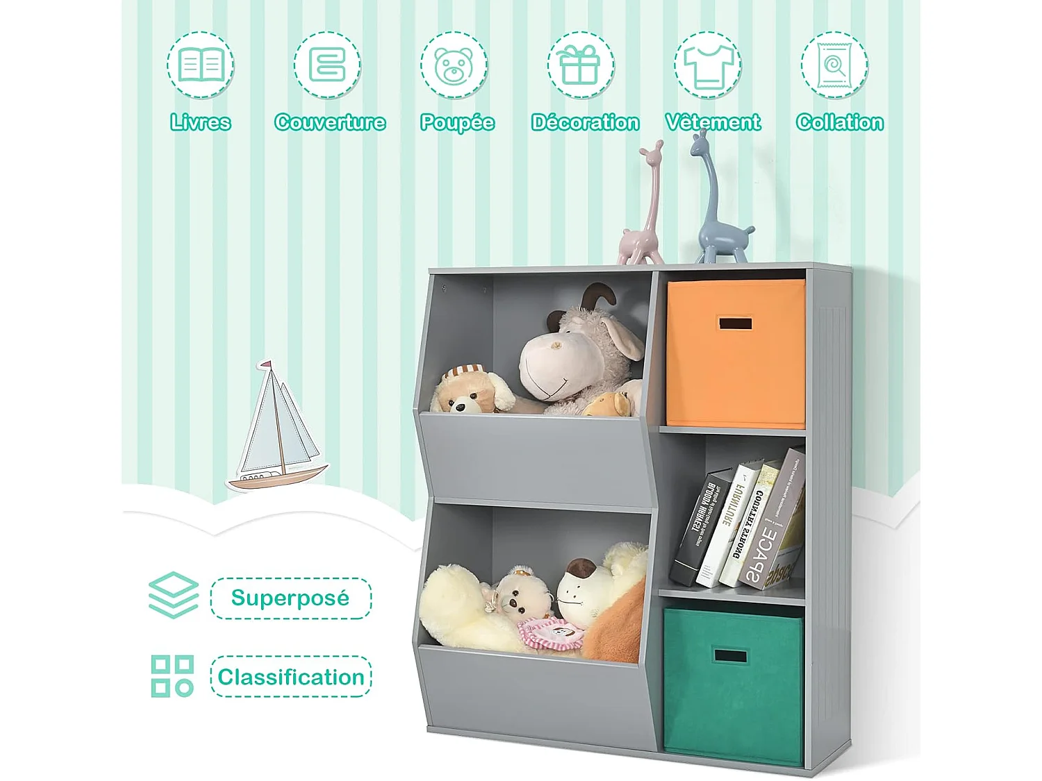 Placard de rangement pour jouets avec 2 paniers, 3 cubes, 77 x 35 x 93 cm gris