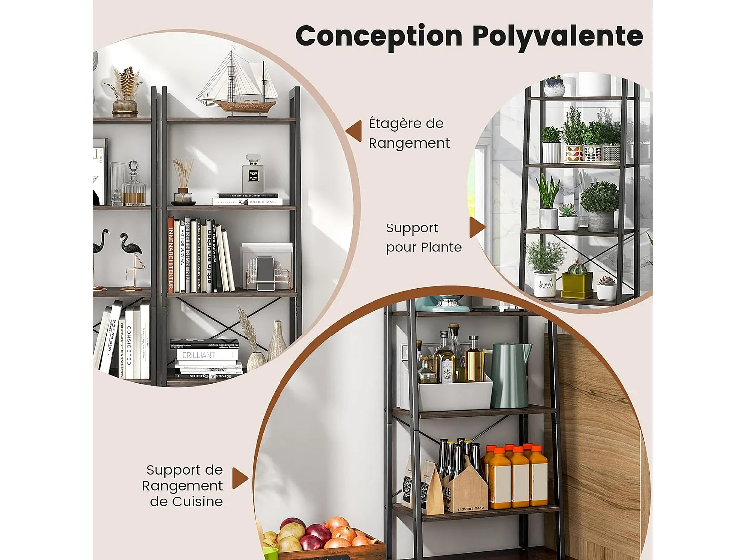 Étagère à 4 niveaux, cadre en métal, style industriel, 56 x 34 x 138 cm (chêne gris)