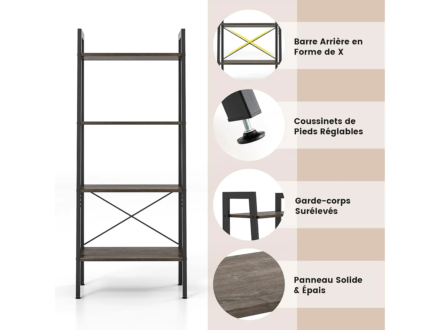 Étagère à 4 niveaux, cadre en métal, style industriel, 56 x 34 x 138 cm (chêne gris)