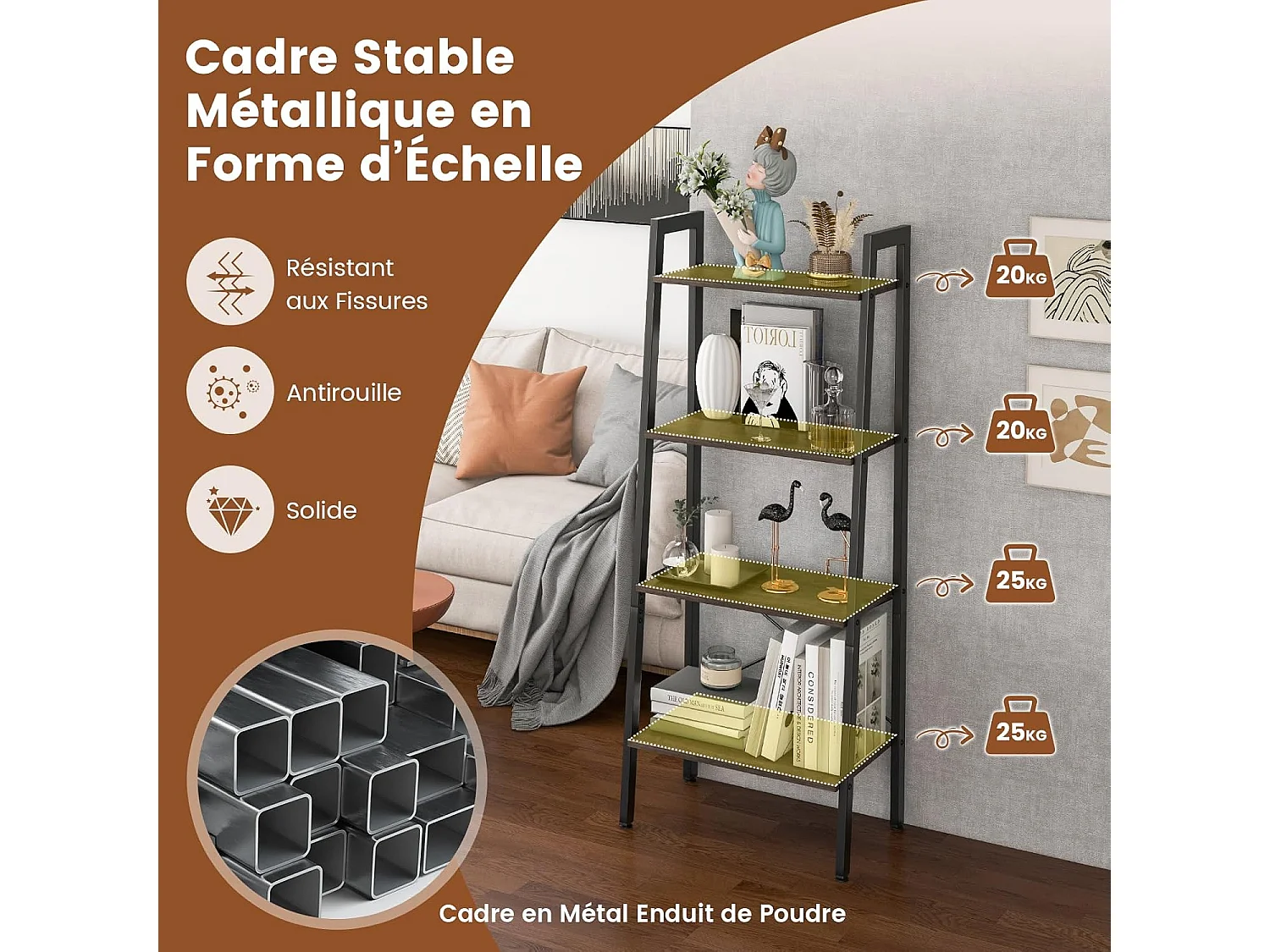 Étagère à 4 niveaux, cadre en métal, style industriel, 56 x 34 x 138 cm (chêne gris)