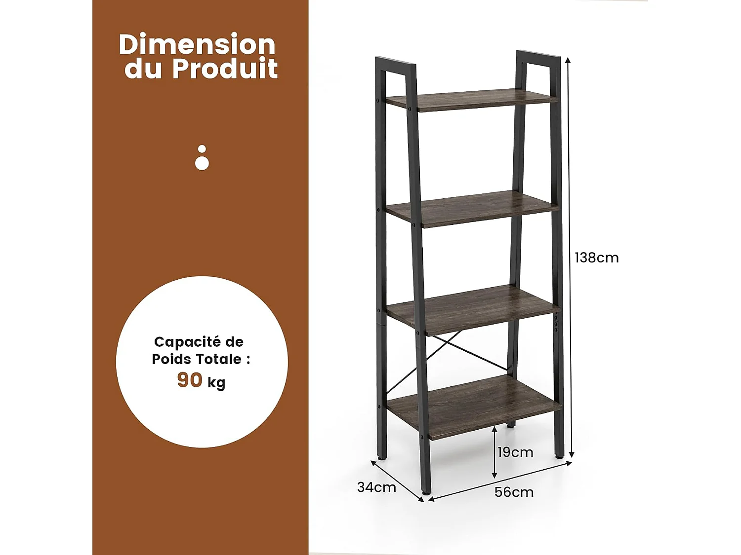 Étagère à 4 niveaux, cadre en métal, style industriel, 56 x 34 x 138 cm (chêne gris)