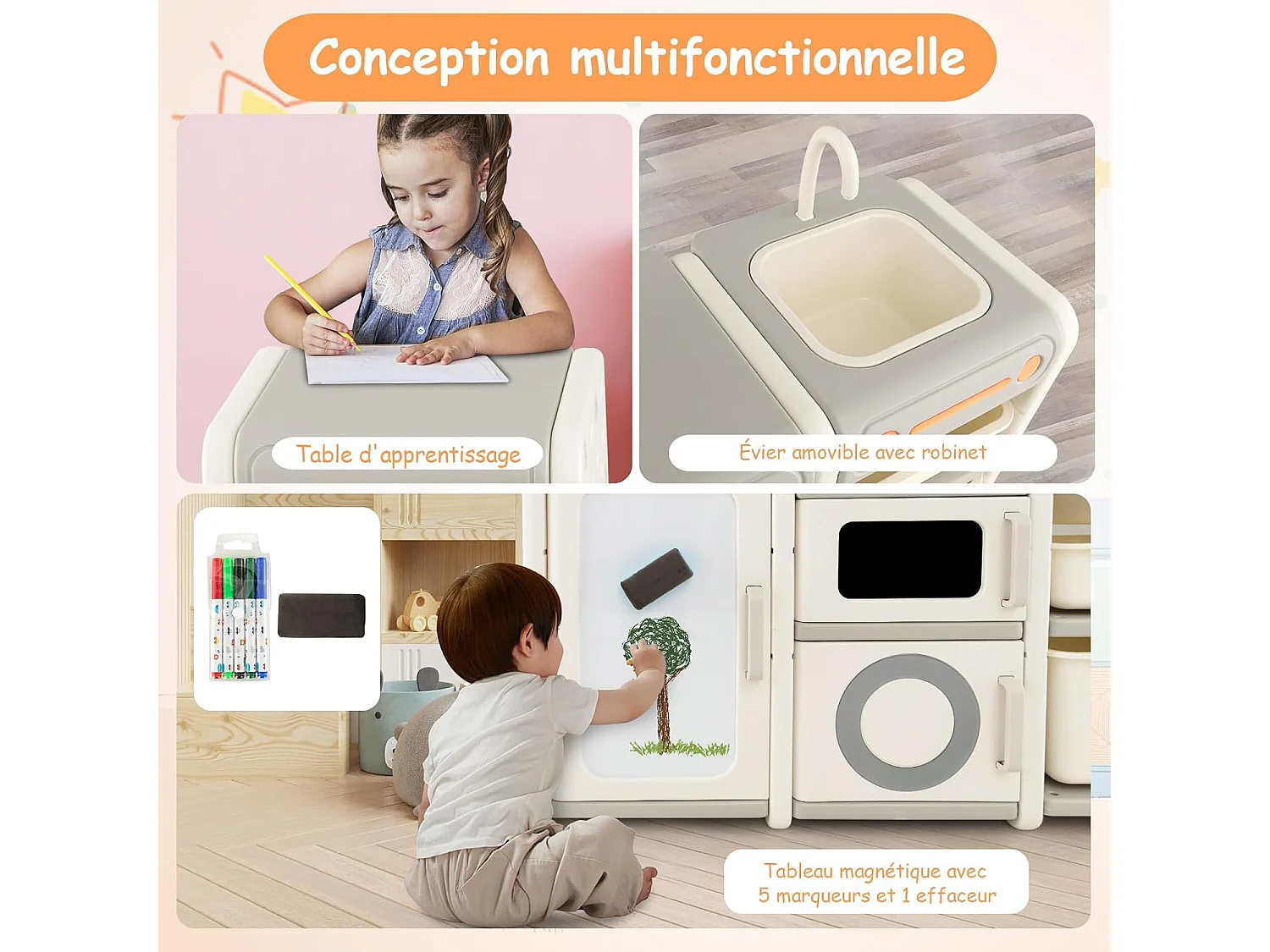 Étagère de rangement jouet avec tableau blanc & évier amovible, 116 x 38 x 98 cm