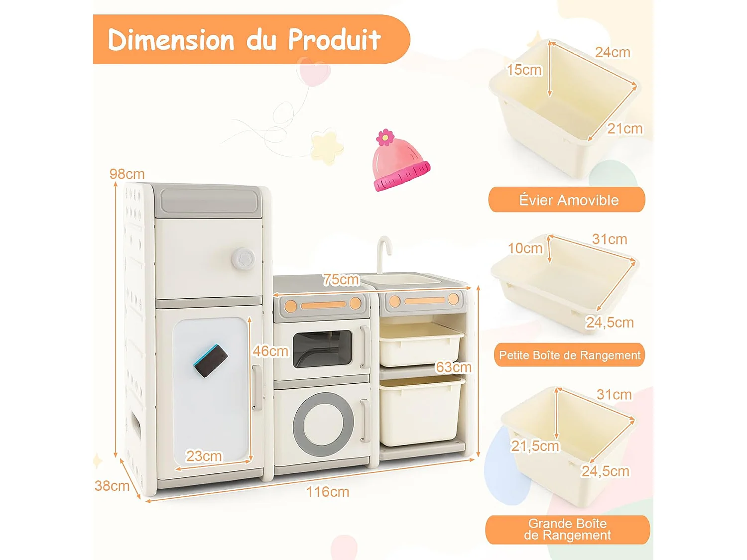 Étagère de rangement jouet avec tableau blanc & évier amovible, 116 x 38 x 98 cm