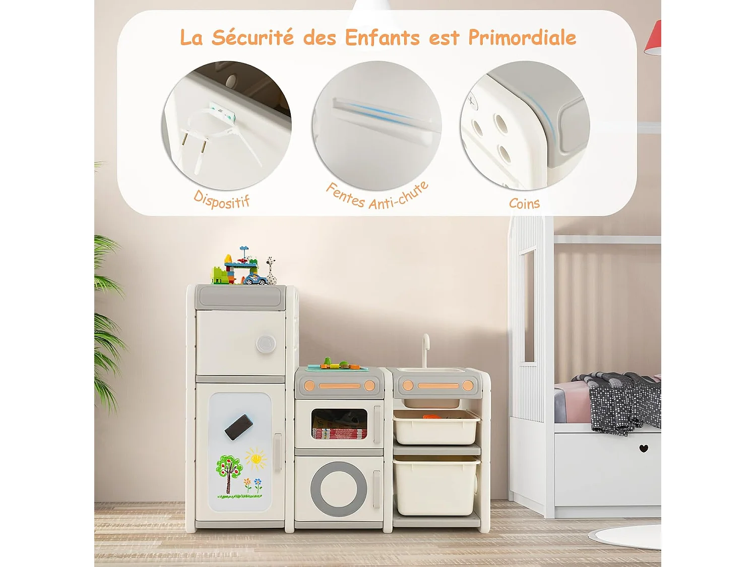 Étagère de rangement jouet avec tableau blanc & évier amovible, 116 x 38 x 98 cm