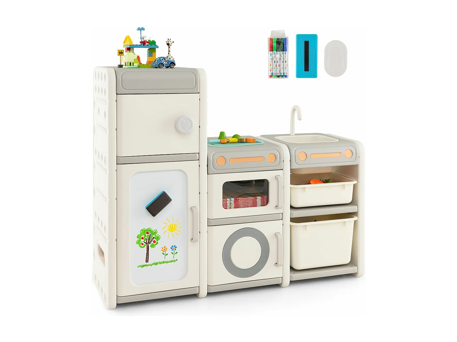 Étagère de rangement jouet avec tableau blanc & évier amovible, 116 x 38 x 98 cm