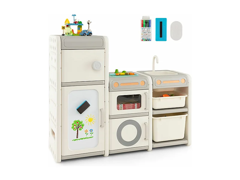 Étagère de rangement jouet avec tableau blanc & évier amovible, 116 x 38 x 98 cm