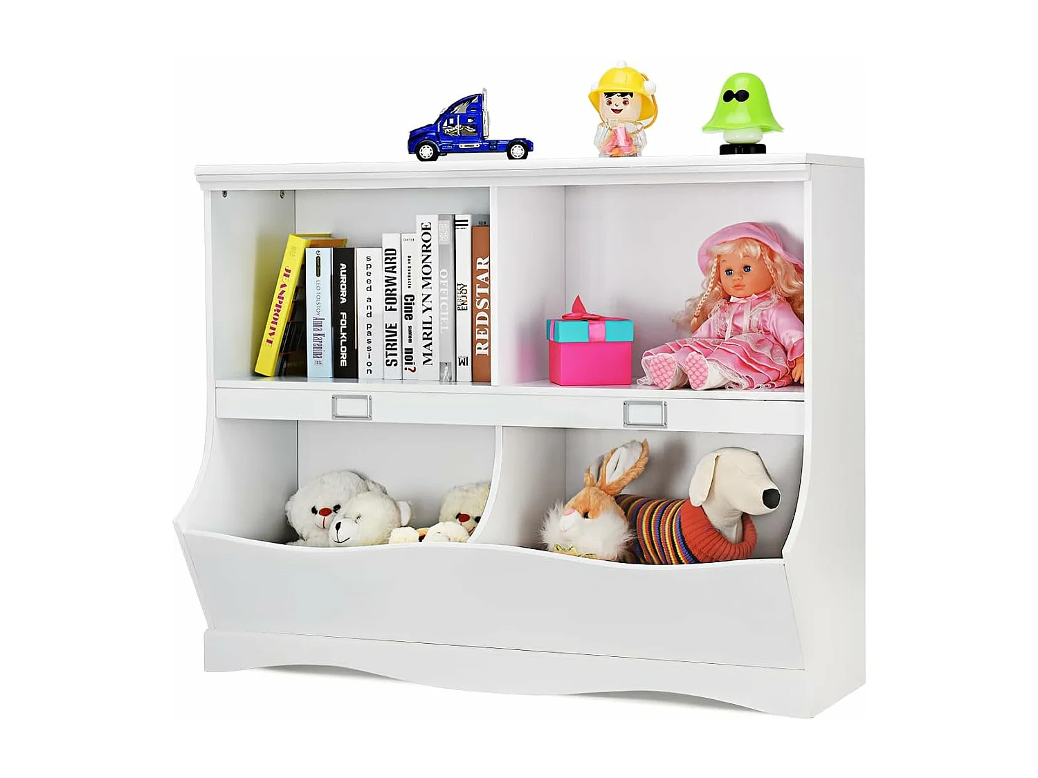 Bibliothèque enfants avec 4 compartiments, avec base en forme vague, 105,5 x 39,5 x 84 cm