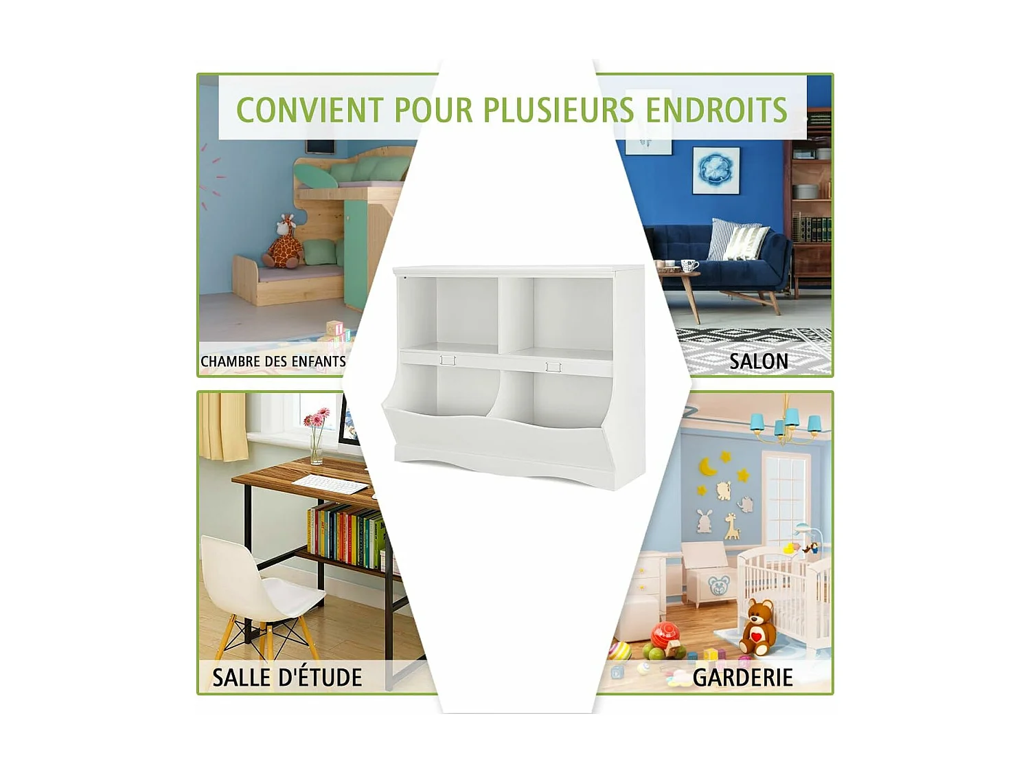 Bibliothèque enfants avec 4 compartiments, avec base en forme vague, 105,5 x 39,5 x 84 cm