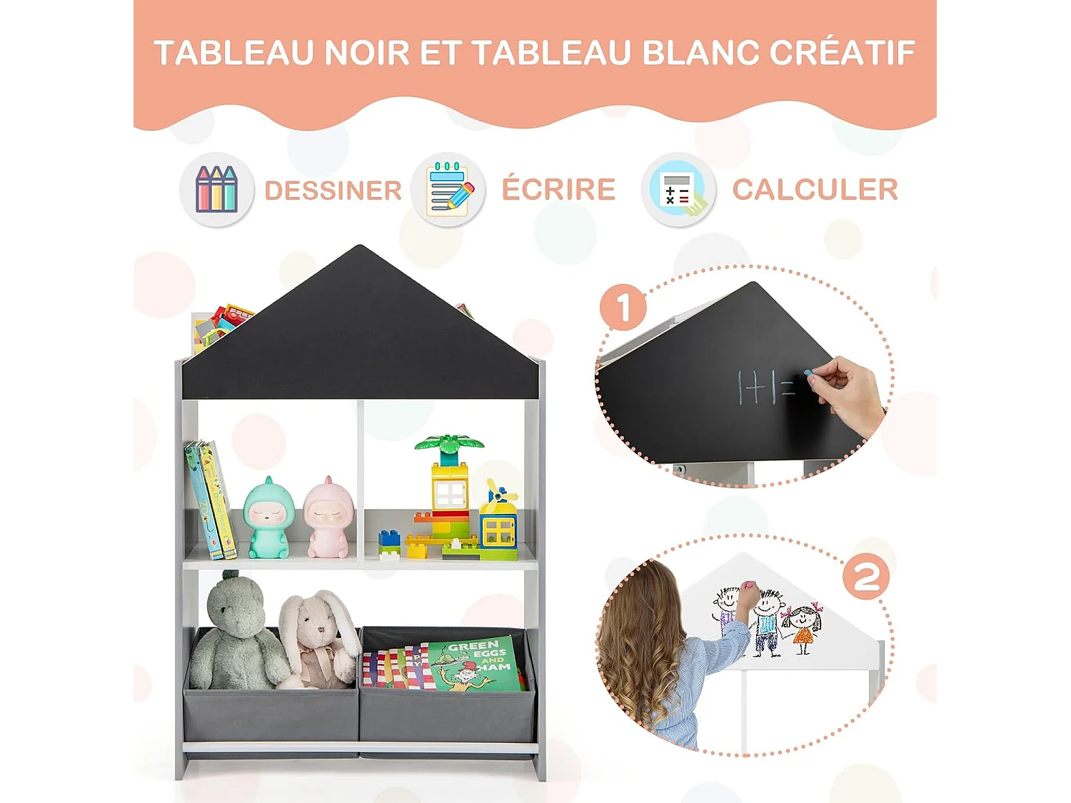 Bibliothèque enfant avec tableau noir & blanc, avec 2 tiroirs en tissu,(gris)
