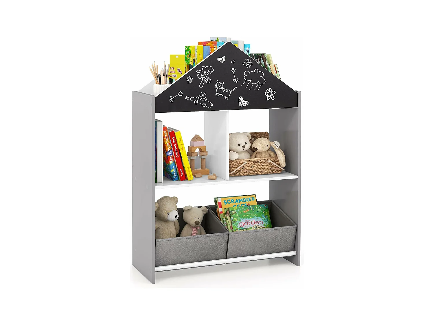 Bibliothèque enfant avec tableau noir & blanc, avec 2 tiroirs en tissu,(gris)