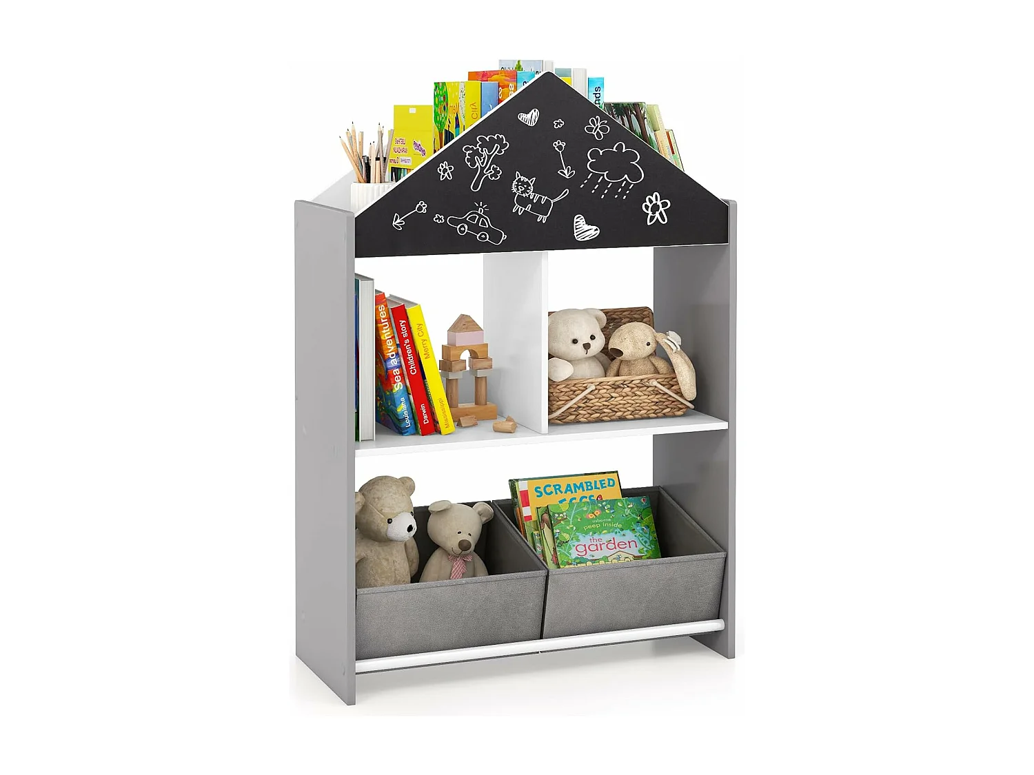 Bibliothèque enfant avec tableau noir & blanc, avec 2 tiroirs en tissu,(gris)