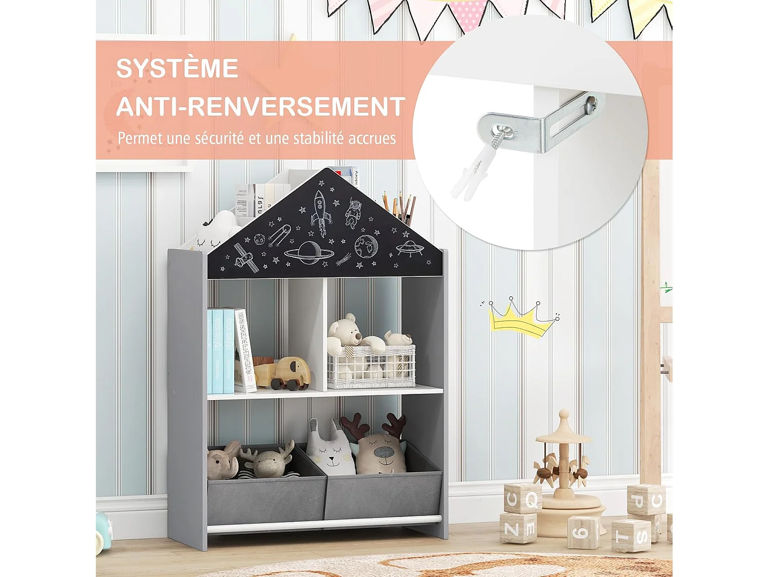 Bibliothèque enfant avec tableau noir & blanc, avec 2 tiroirs en tissu,(gris)