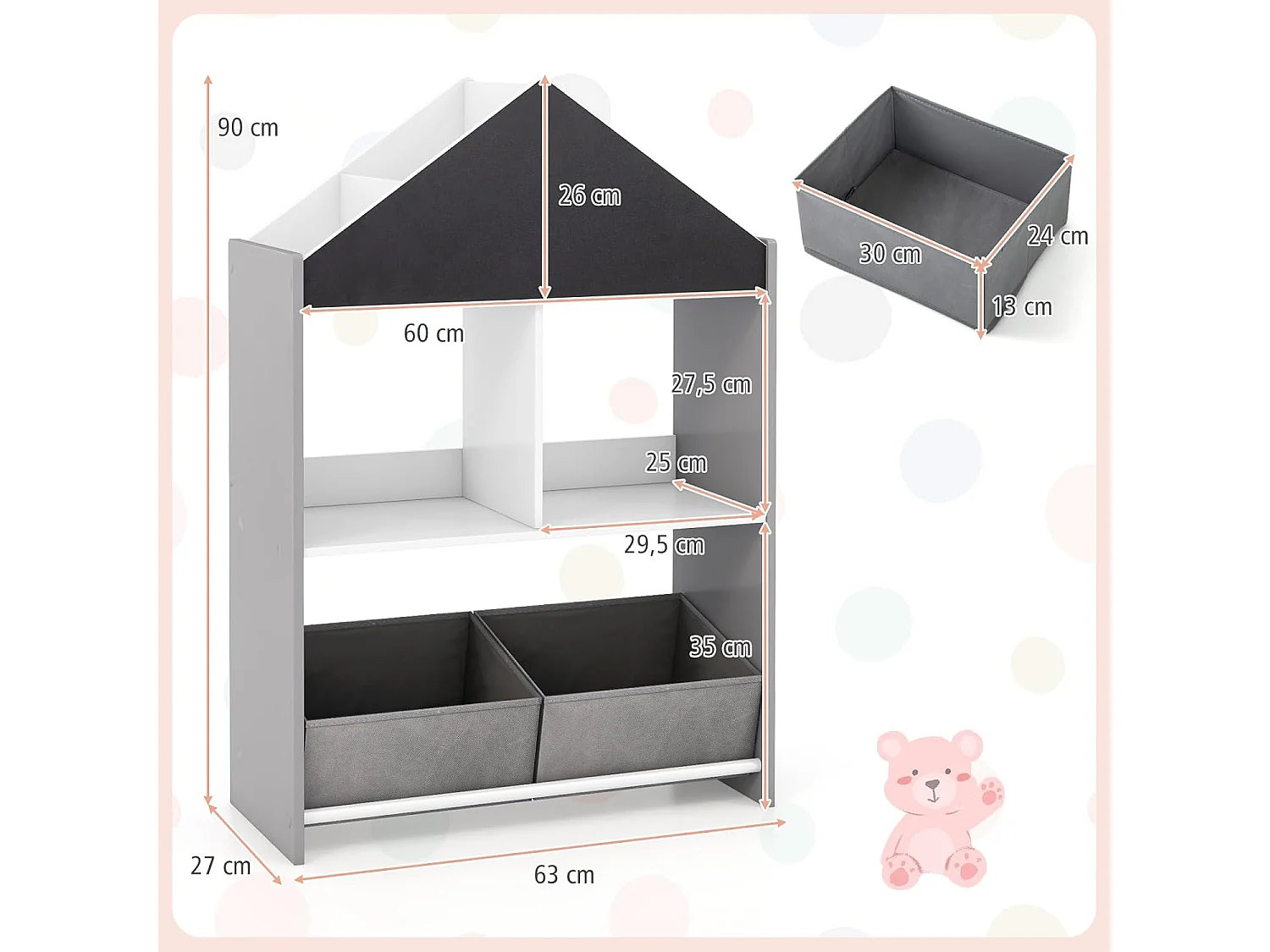 Bibliothèque enfant avec tableau noir & blanc, avec 2 tiroirs en tissu,(gris)