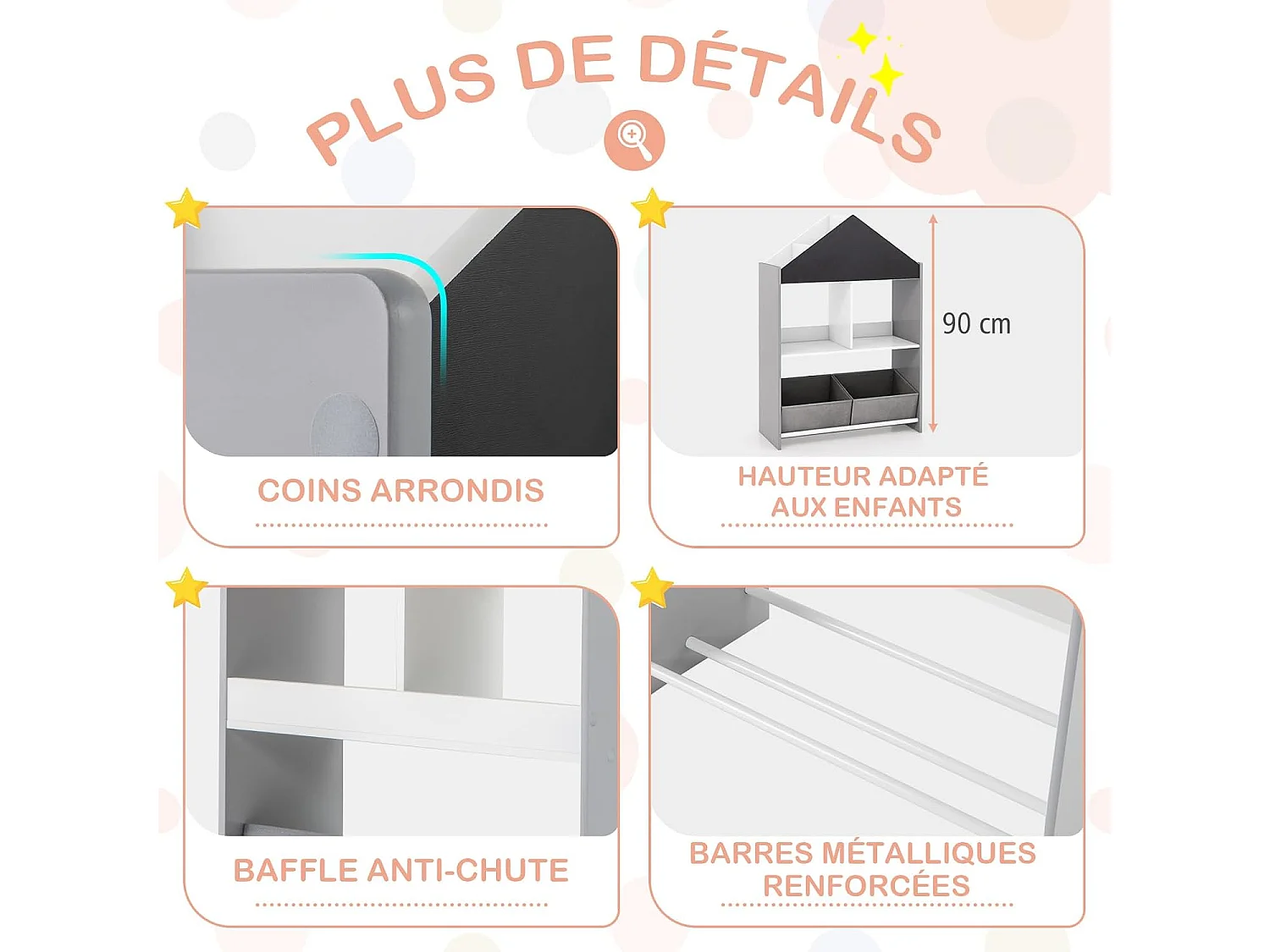 Bibliothèque enfant avec tableau noir & blanc, avec 2 tiroirs en tissu,(gris)