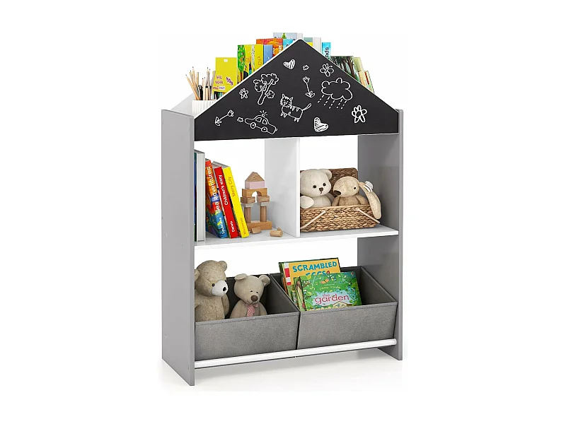 Bibliothèque enfant avec tableau noir & blanc, avec 2 tiroirs en tissu,(gris)