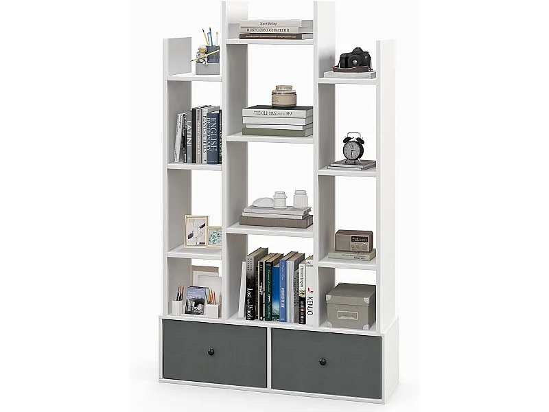 Bibliothèque à 12 niveaux avec 2 tiroir amovible,12 compartiments, 81x24x132cm blanc