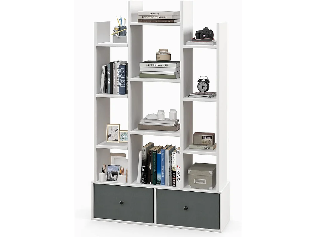 Bibliothèque à 12 niveaux avec 2 tiroir amovible,12 compartiments, 81x24x132cm blanc