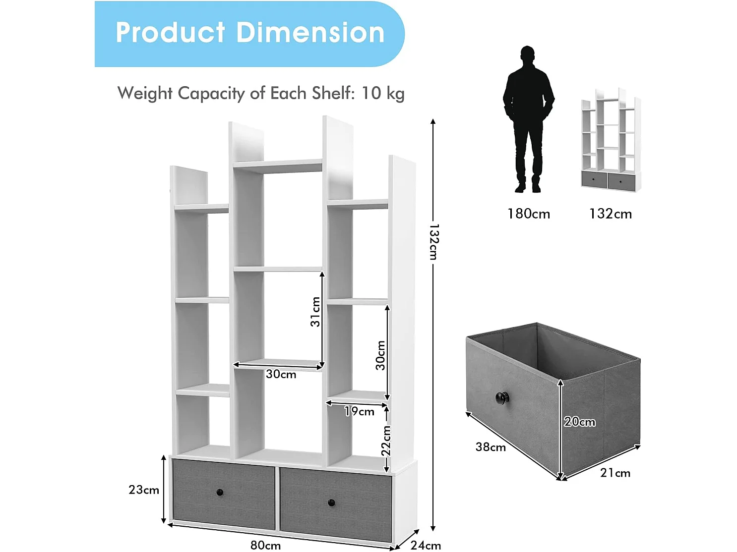 Bibliothèque à 12 niveaux avec 2 tiroir amovible,12 compartiments, 81x24x132cm blanc
