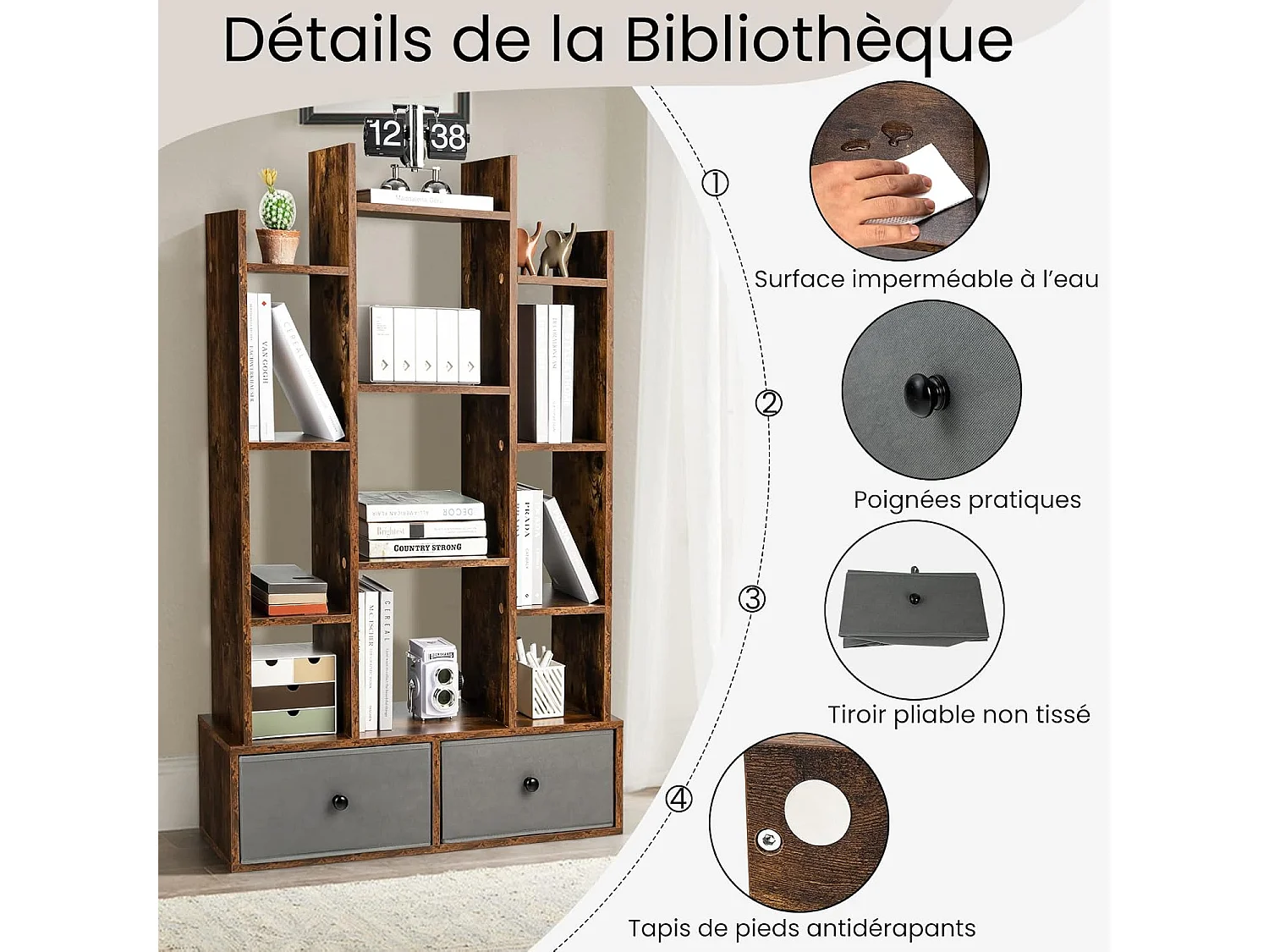Bibliothèque à 12 niveaux avec 2 tiroir amovible,12 compartiments, 81x24x132cm blanc