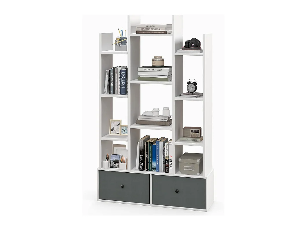 Bibliothèque à 12 niveaux avec 2 tiroir amovible,12 compartiments, 81x24x132cm blanc
