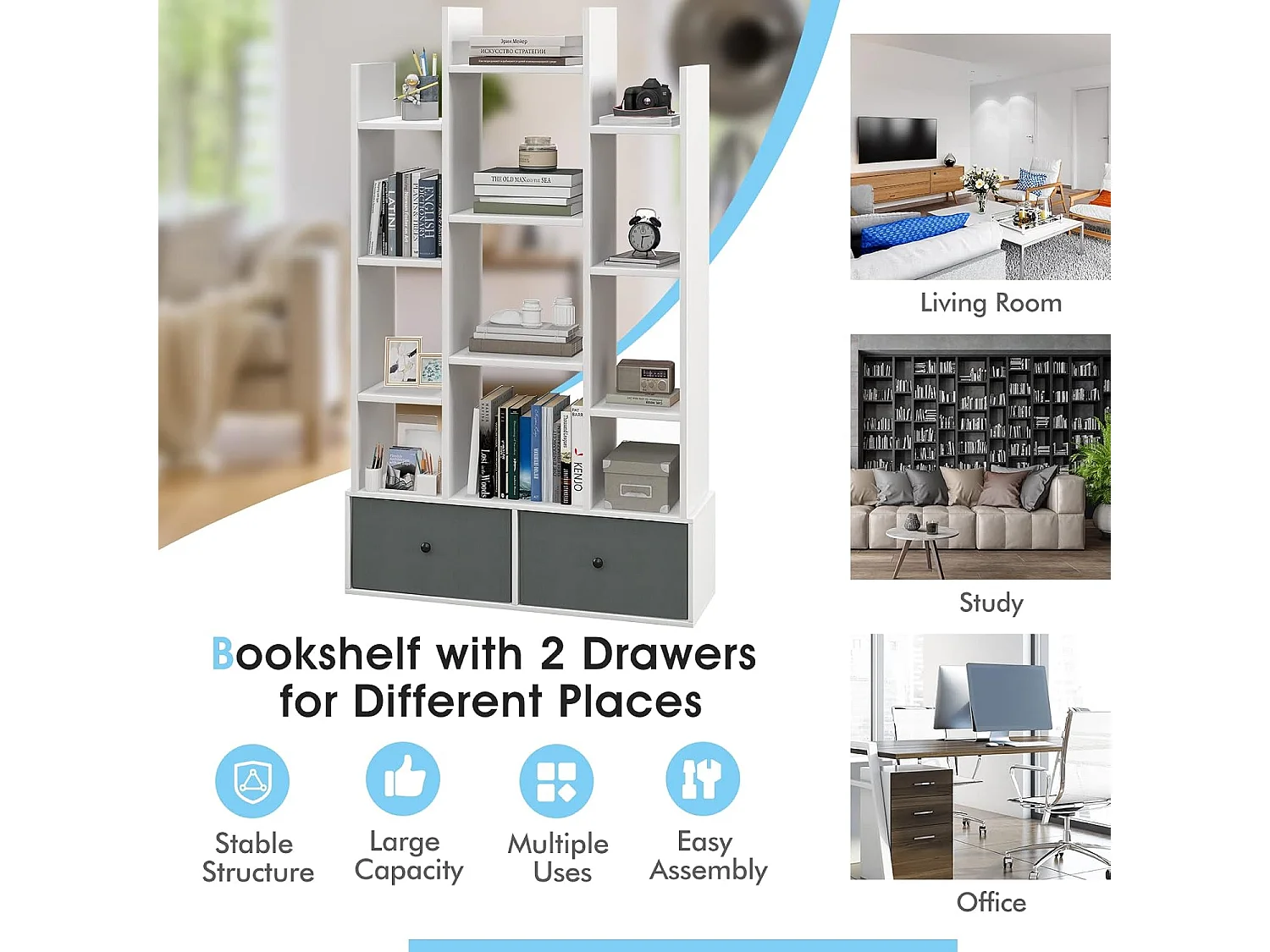 Bibliothèque à 12 niveaux avec 2 tiroir amovible,12 compartiments, 81x24x132cm blanc