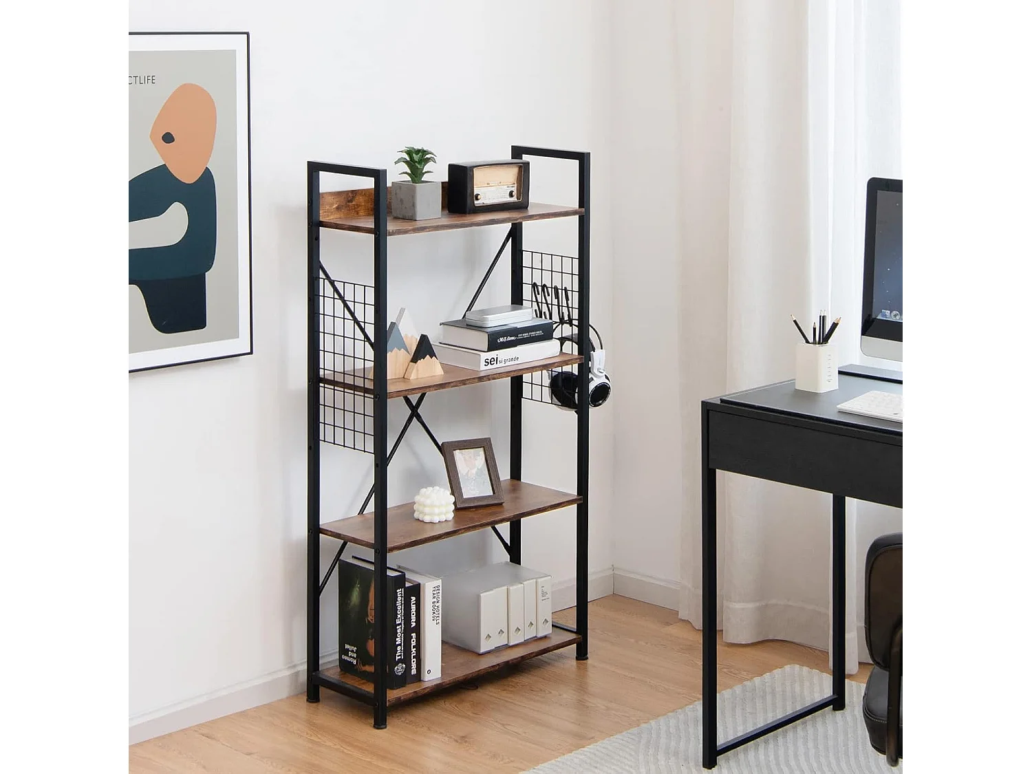 Étagère industrielle à 4 niveaux, avec crochets en forme de s, marron rustique