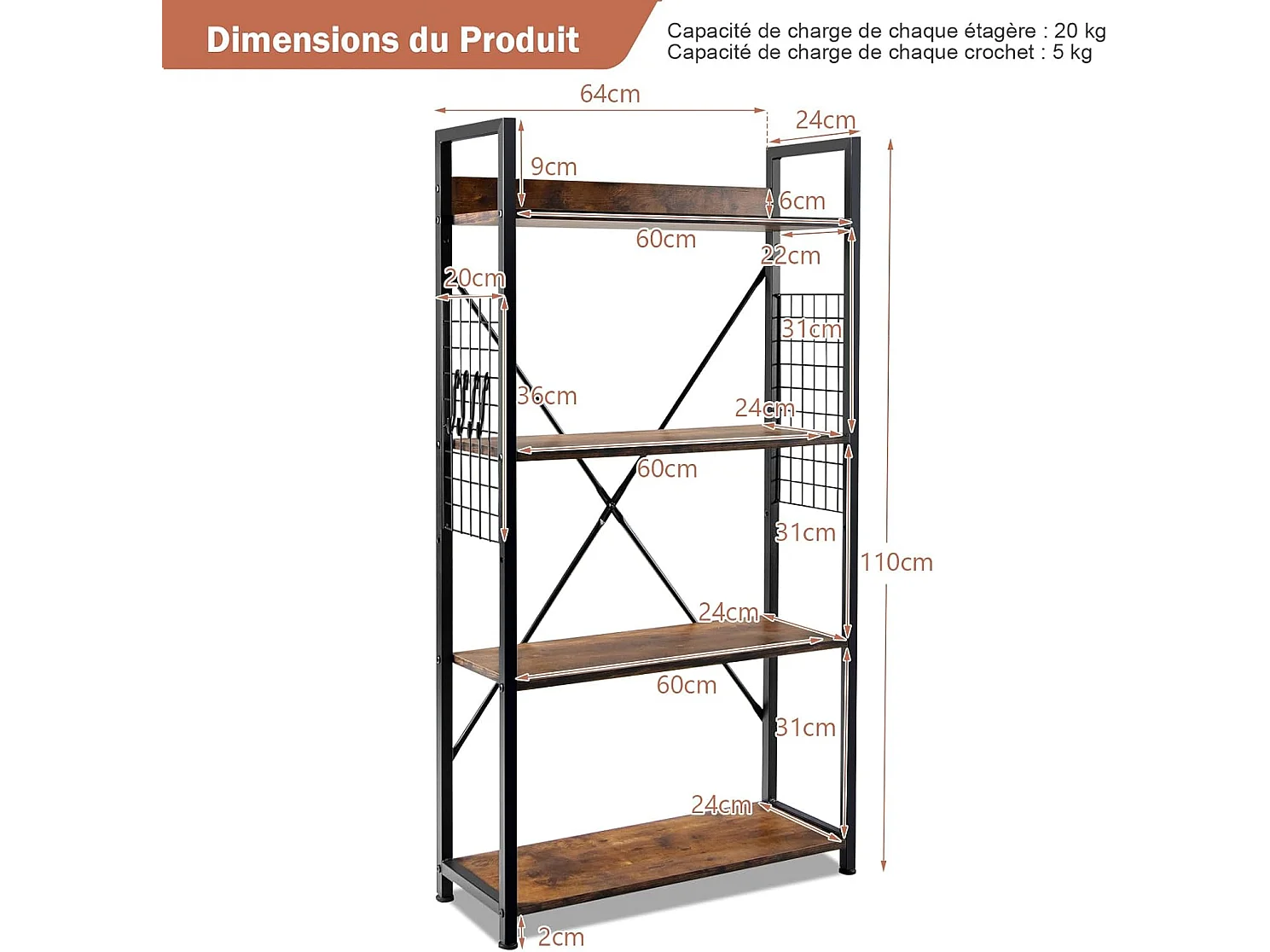 Étagère industrielle à 4 niveaux, avec crochets en forme de s, marron rustique