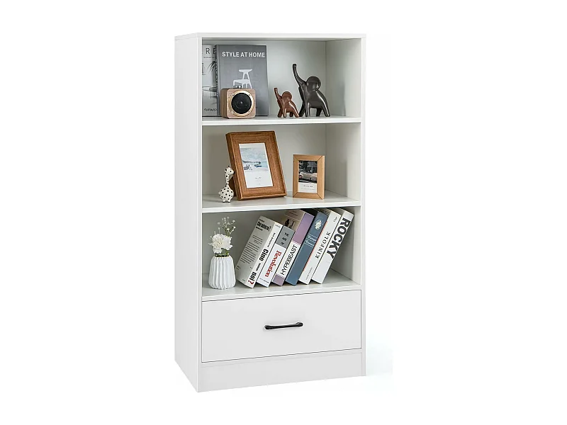 Bibliothèque étagère en bois à 4 niveaux avec grand tiroir, meuble sur pied (blanc)