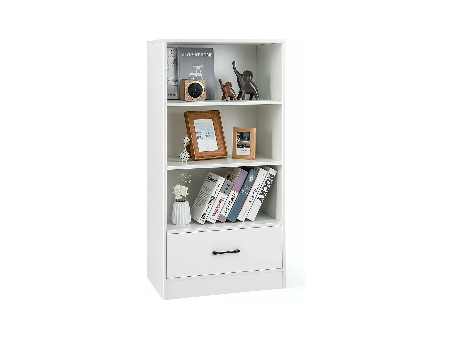 Bibliothèque étagère en bois à 4 niveaux avec grand tiroir, meuble sur pied (blanc)