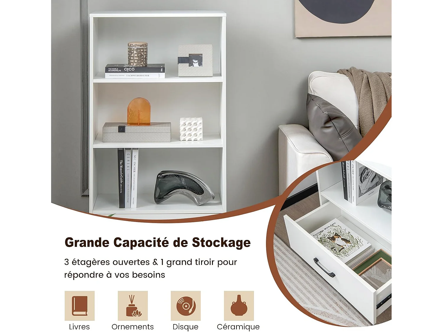 Bibliothèque étagère en bois à 4 niveaux avec grand tiroir, meuble sur pied (blanc)