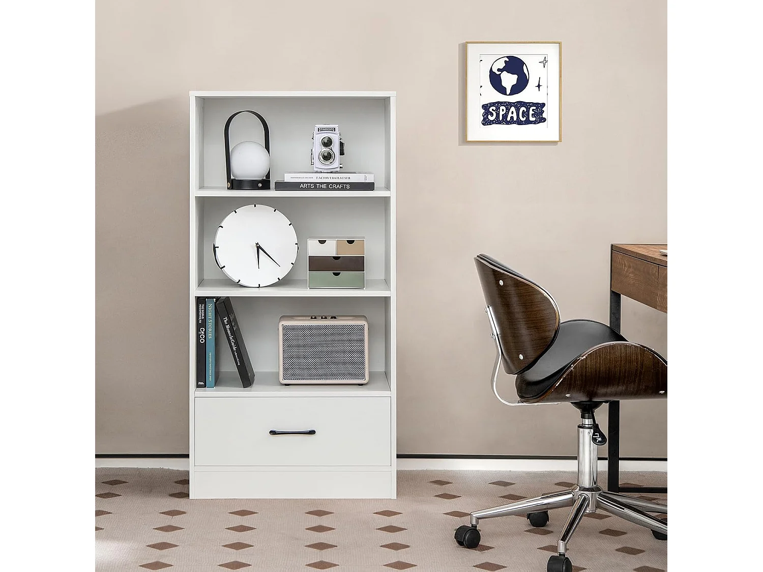 Bibliothèque étagère en bois à 4 niveaux avec grand tiroir, meuble sur pied (blanc)