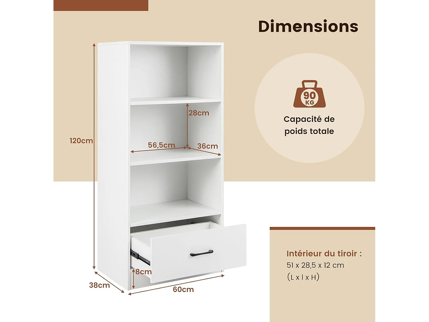 Bibliothèque étagère en bois à 4 niveaux avec grand tiroir, meuble sur pied (blanc)