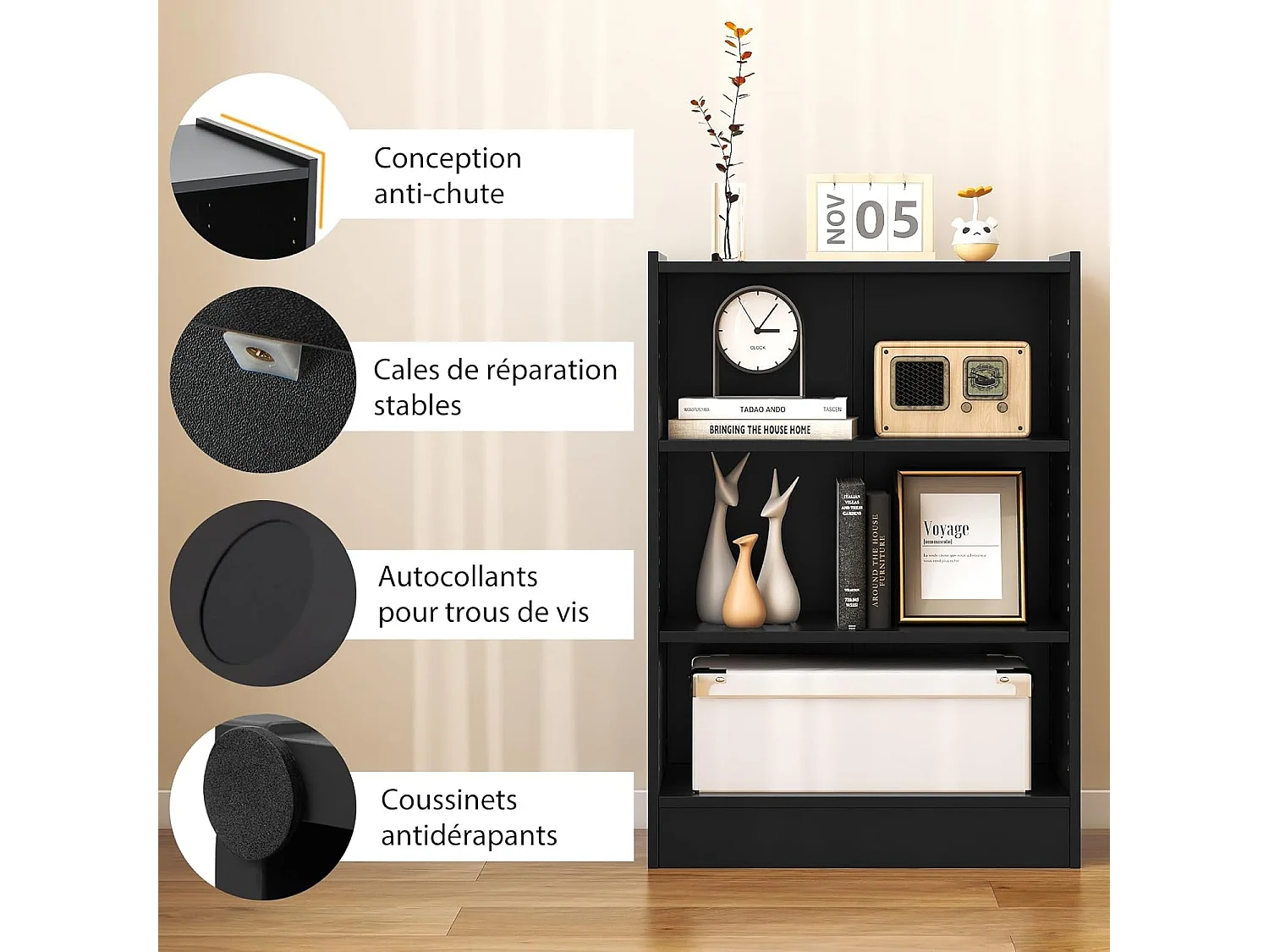 Bibliothèque, scandinave, hauteurs réglable 18 positions, 50 x 30 x 75 cm