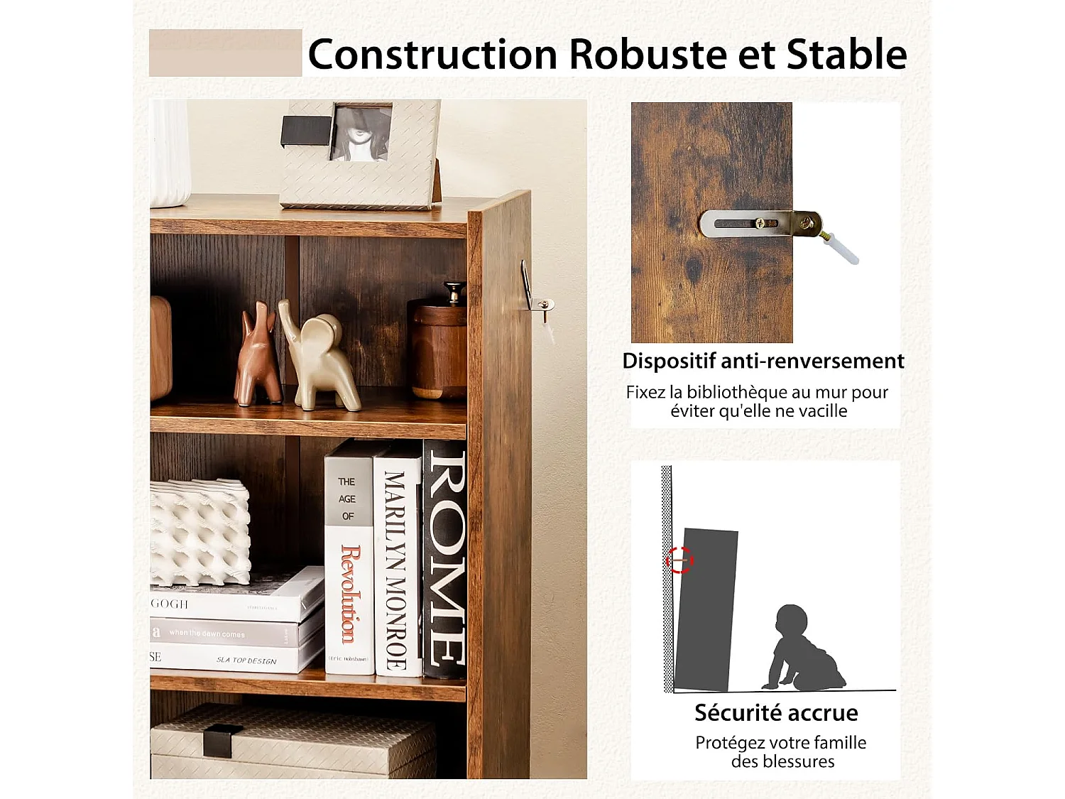 Bibliothèque, scandinave, hauteurs réglable, 50 x 30 x 75 cm (marron rustique)