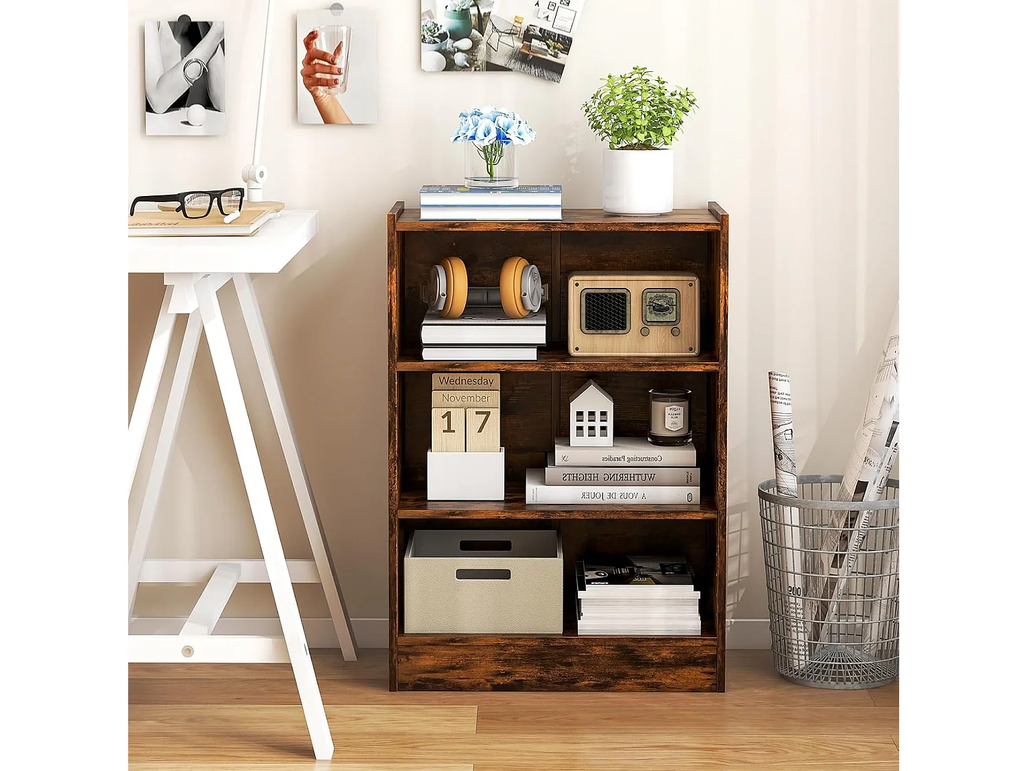 Bibliothèque, scandinave, hauteurs réglable, 50 x 30 x 75 cm (marron rustique)