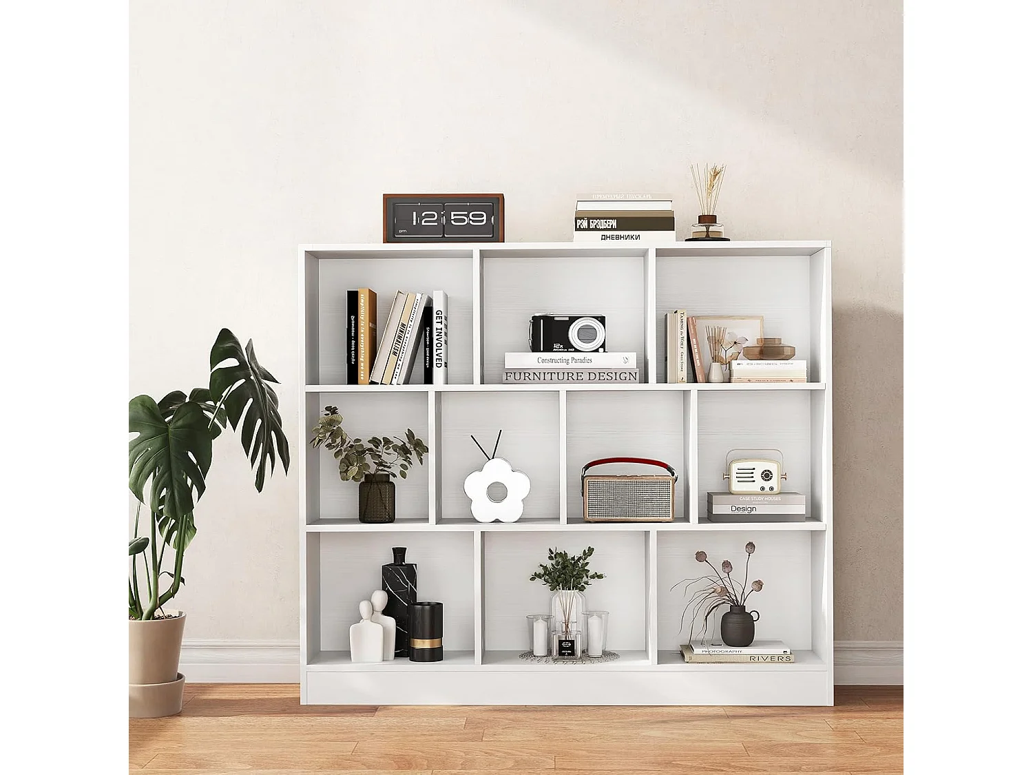 Bibliothèque Étagère à 10 Compartiments Ouverts, Meuble de Rangement à 3 Niveaux Kits Anti-basculement, Bibliothèque de Cloison Séparateur, pour Salon, Chambre, Bureau(Blanc)