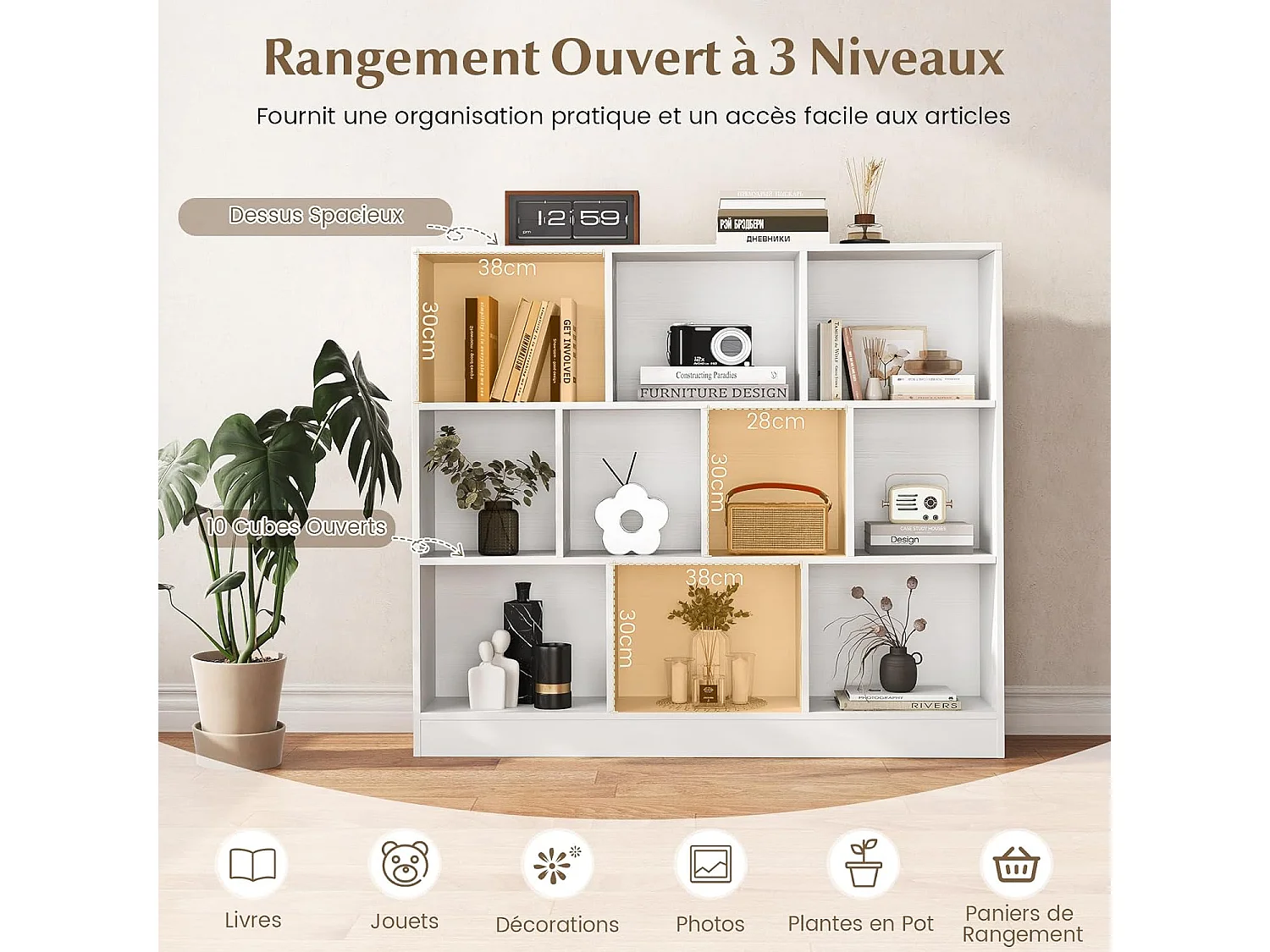 Bibliothèque Étagère à 10 Compartiments Ouverts, Meuble de Rangement à 3 Niveaux Kits Anti-basculement, Bibliothèque de Cloison Séparateur, pour Salon, Chambre, Bureau(Blanc)