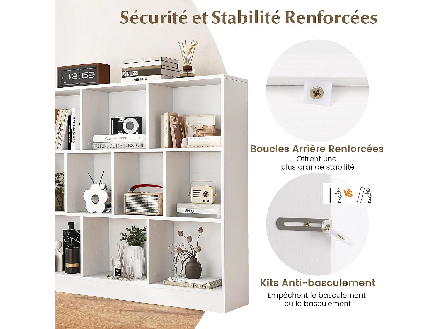 Bibliothèque Étagère à 10 Compartiments Ouverts, Meuble de Rangement à 3 Niveaux Kits Anti-basculement, Bibliothèque de Cloison Séparateur, pour Salon, Chambre, Bureau(Blanc)