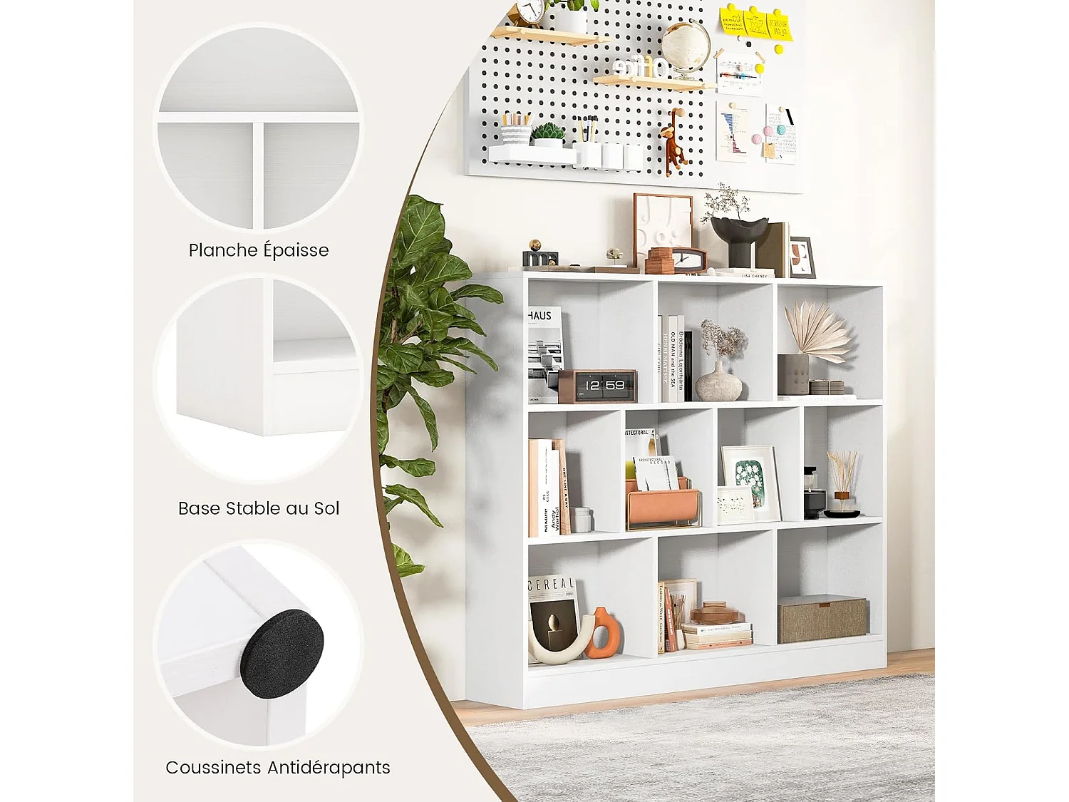 Bibliothèque Étagère à 10 Compartiments Ouverts, Meuble de Rangement à 3 Niveaux Kits Anti-basculement, Bibliothèque de Cloison Séparateur, pour Salon, Chambre, Bureau(Blanc)