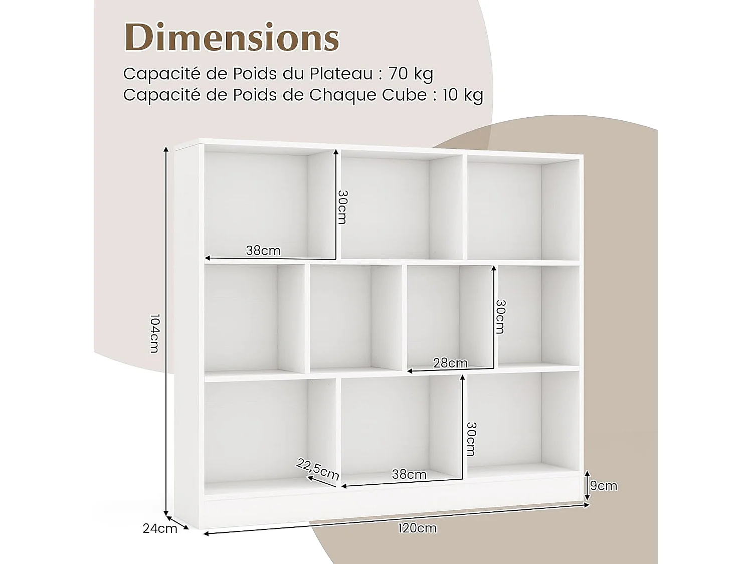 Bibliothèque Étagère à 10 Compartiments Ouverts, Meuble de Rangement à 3 Niveaux Kits Anti-basculement, Bibliothèque de Cloison Séparateur, pour Salon, Chambre, Bureau(Blanc)